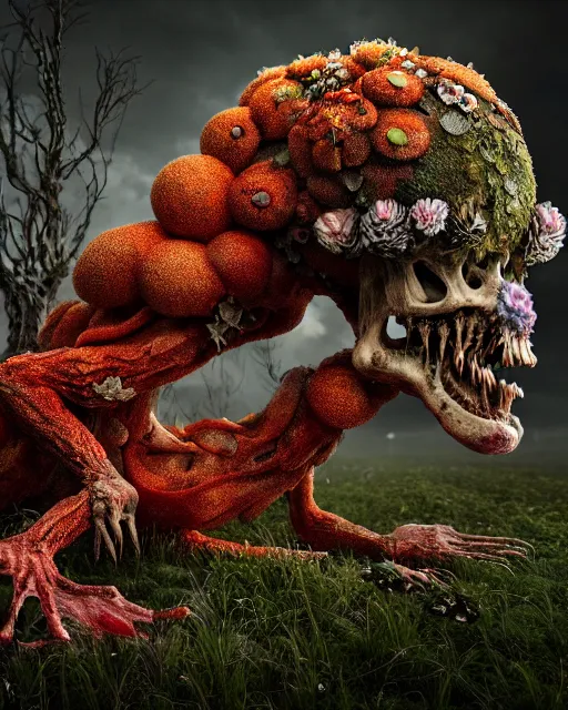 Image similar to a extremely disturbing horror photograph of a fantasy creature made out of nature and flowers and fungus, intricate, hyperrealism, sharp focus, cinematography, highly detailed, octane render, horror cgi 4 k, matte, photograph by professional photographer