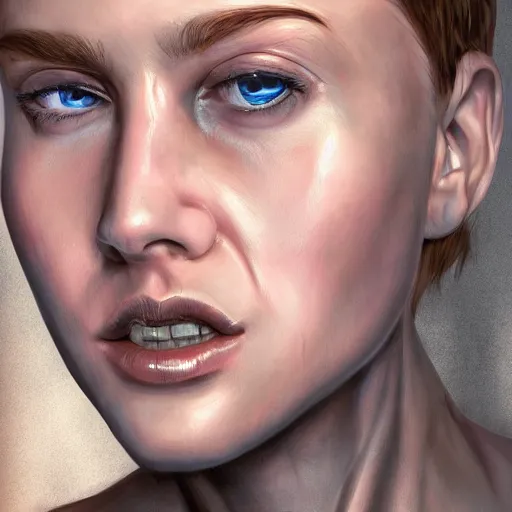 Image similar to A detailed, super sharp, no blur, top-rated digital painting of a human face, highly realistic and lifelike, with a bionic / cybernetic implants, by an award winning artist on deviantart, pixiv or artstation