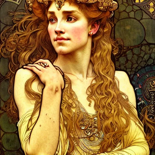 Image similar to highly detailed portrait of a majestic lioness queen in the form of a beautiful woman. d & d, art by anton pieck and augustus edwin mulready and alphonse mucha. trending on artstation, intricate details, energetic composition, golden ratio, concept art, illustration, elegant art