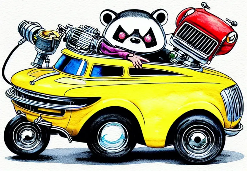 Image similar to cute and funny, racoon riding in a tiny hot rod coupe with oversized engine, chrome exhaust pipes with smoke or flames coming out of the tips, ratfink style by ed roth, centered award winning watercolor pen illustration, isometric illustration by chihiro iwasaki, edited by range murata