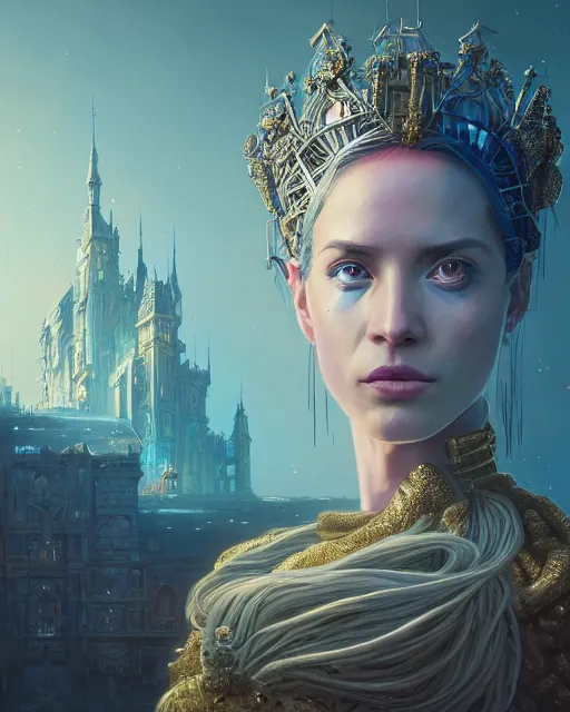 Image similar to highly detailed surreal vfx portrait of a cyberpunk queen in a majestic castle by golden tree, stephen bliss, unreal engine, greg rutkowski, loish, rhads, beeple, makoto shinkai and lois van baarle, ilya kuvshinov, rossdraws, tom bagshaw, alphonse mucha, global illumination, detailed and intricate environment