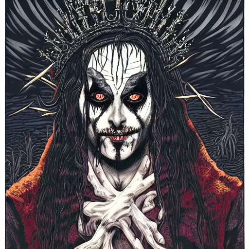 Image similar to full body detailed artwork of man wearing corpse paint and a crown on thorns with long black hair, tears of blood. Wide shot at night. Artwork by Junji Ito and dan Mumford
