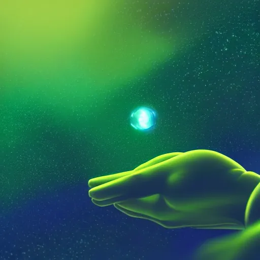 Prompt: a human hand holding a bunch of soap bubbles in a cosmos space full of stars and clouds, volumetric light, green and yellow colors, digital art, artstation
