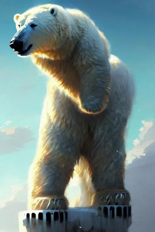 Image similar to comic book cover. giant fluffy polar bear ridden by a small girl by greg rutkowski, trending on artstation