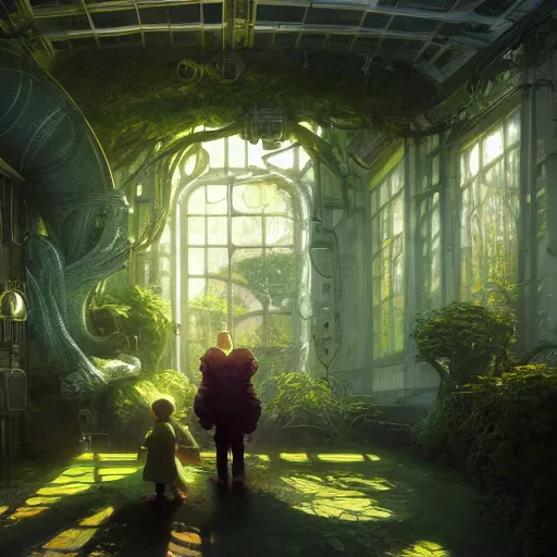 Image similar to , boy with grandma in scifi green house, spaceship, plants, stephen bliss, misty, unreal engine, fantasy art by greg rutkowski, loish, ferdinand knab, and lois van rossdraws, global illumination, radiant light, minimalist, detailed and intricate environment