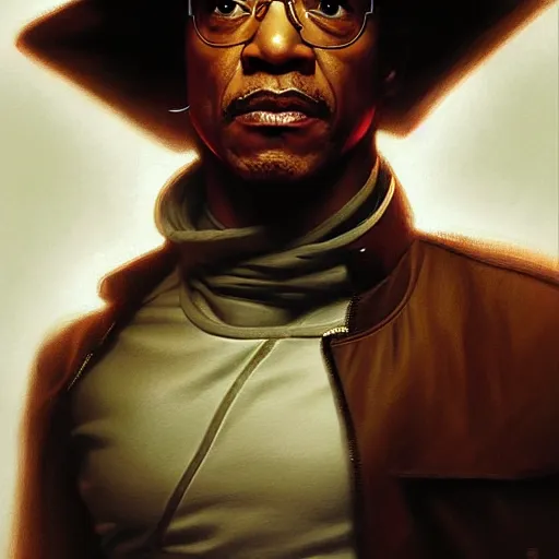 Image similar to portrait giancarlo esposito as han solo, intricate elegant, highly detailed, digital painting, artstation, concept art, smooth, sharp focus, illustration, art by artgerm and greg rutkowski! and, heavily influenced by frank frazetta and boris vallejo, sword and sorcery