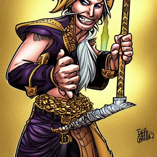 Prompt: a pirate elf holding a saber made of gold by Humberto Ramos and Mark Robinson