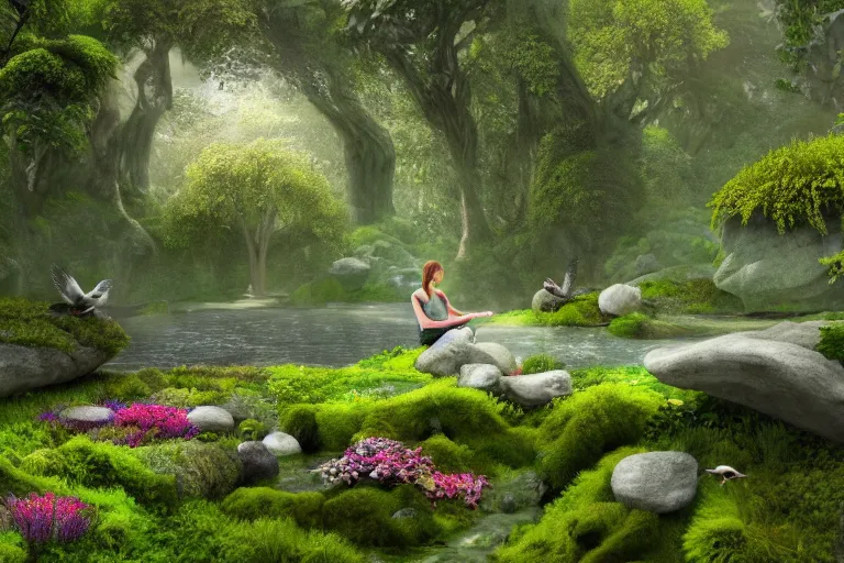 Image similar to hyper realistic detailed render of a heavenly garden of peace, eden filled with trees, stone slab, colourful flowers, moss, ferns, a girl meditating at a distance, small stream or puddles, birds, trending on artstation, volumetric lighting, hyper realistic, hyper detailed, high quality render, blender guru,