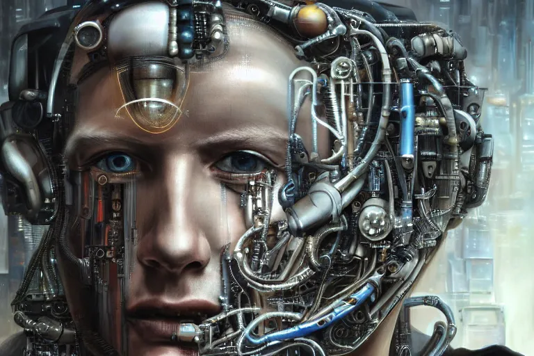 Image similar to an extremely high quality hd, a digital painting of a man's face surrounded by mechanical parts, cyberpunk art by h. r. ( hans ruedi ) giger, featured on cgsociety, afrofuturism, circuitry, tesseract, dystopian art, 8 k, ultra realistic, very realistic