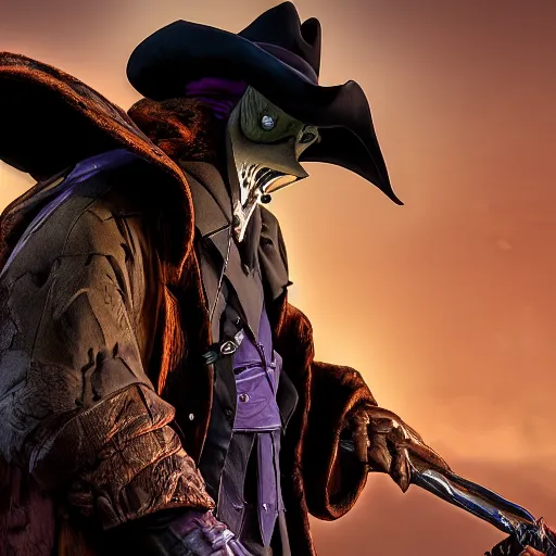 Image similar to a detailed 3 d render of darkwing duck dressed as the hunter from bloodborne, let's get dangerous, in the style animation of darkwing duck, digital art, dark fantasy, concept art, soulslike, by alphonse mucha, blood moon eclipse, wherewolves in a ruined building in the background, artstation, 8 k, unreal engine render