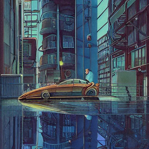 Prompt: a tall man standing next to a huge car in a street, tokyo city in the background, people walking in the distance, reflections on wet streets, dieselpunk style, steampunk, art by jean giraud and juan gimenez ; architecture by francois schuiten, beautiful illustration, drawing, painting, clean lines, digital art, symmetric, colorful retrofutur, artstation