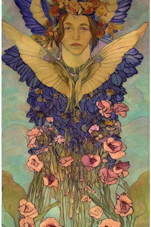 Image similar to the flower prince, by Annie Swynnerton and Nicholas Roerich and Diego Rivera, bioluminescent skin, floral tattoos, wings made out of flowers, elaborate costume, geometric ornament, symbolist, smooth, sharp focus, extremely detailed