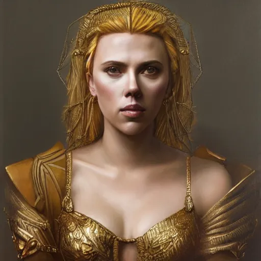 Image similar to the portrait of scarlett johansson as amazon in intricate dress by roberto ferri, fantasy, witcher, very detailed oil painting, masterpiece, 8 k