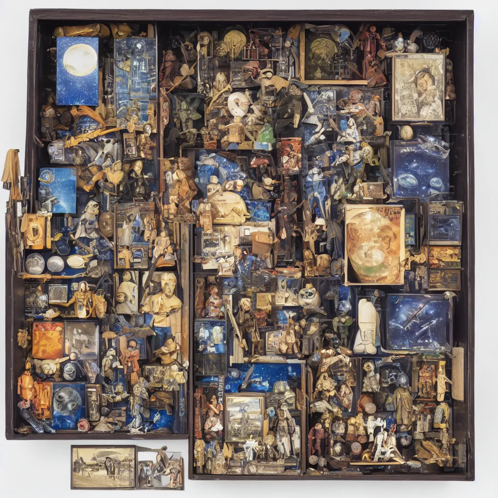 Image similar to a well - lit, detailed museum archive rich color photograph of a star wars memory box by joseph cornell, containing one action figure, some photographs, a star chart, a hologram, some small drawers, a ticket stub, and a large lightsaber