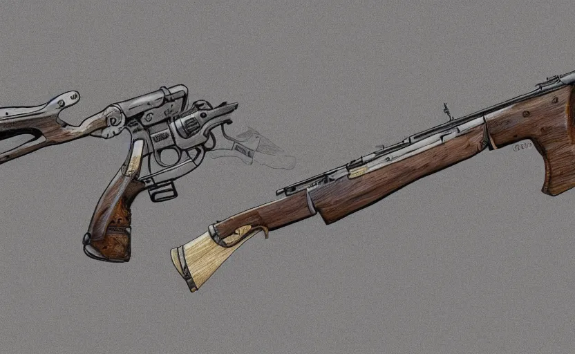 Image similar to Digital drawing of a muzzleloaded flintlock AK47 rifle from the site grabAgun, gunbroker, white background, firearms, professional gunsmithing, top down drawing, gun auction, 4k. high quality, concept art, art by Jean Giraud and Shirow Masamune, gun art reference, postapocalyptic
