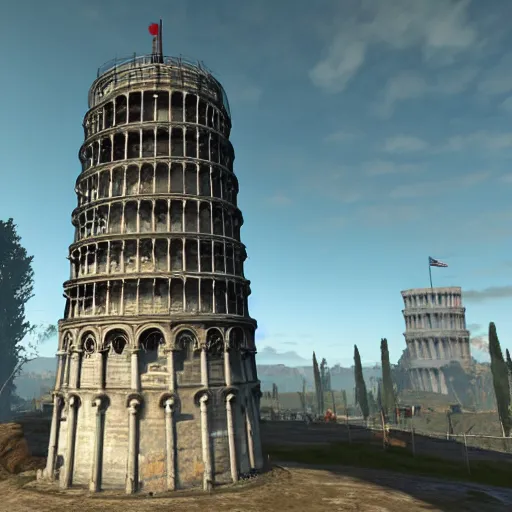 Image similar to Tower of Pisa destroyed post-nuclear war in Fallout 4, in game screenshot