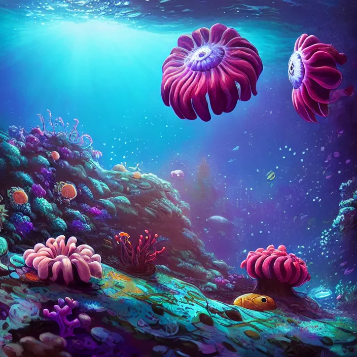 Image similar to intricate alien anemones and coral reef with happy faces, underwater photography, soft focus, soft lighting, by Pixar, by Alena Aenami