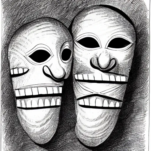 Prompt: an ink drawing of cracked comedy and tragedy theater masks, elaborate detail