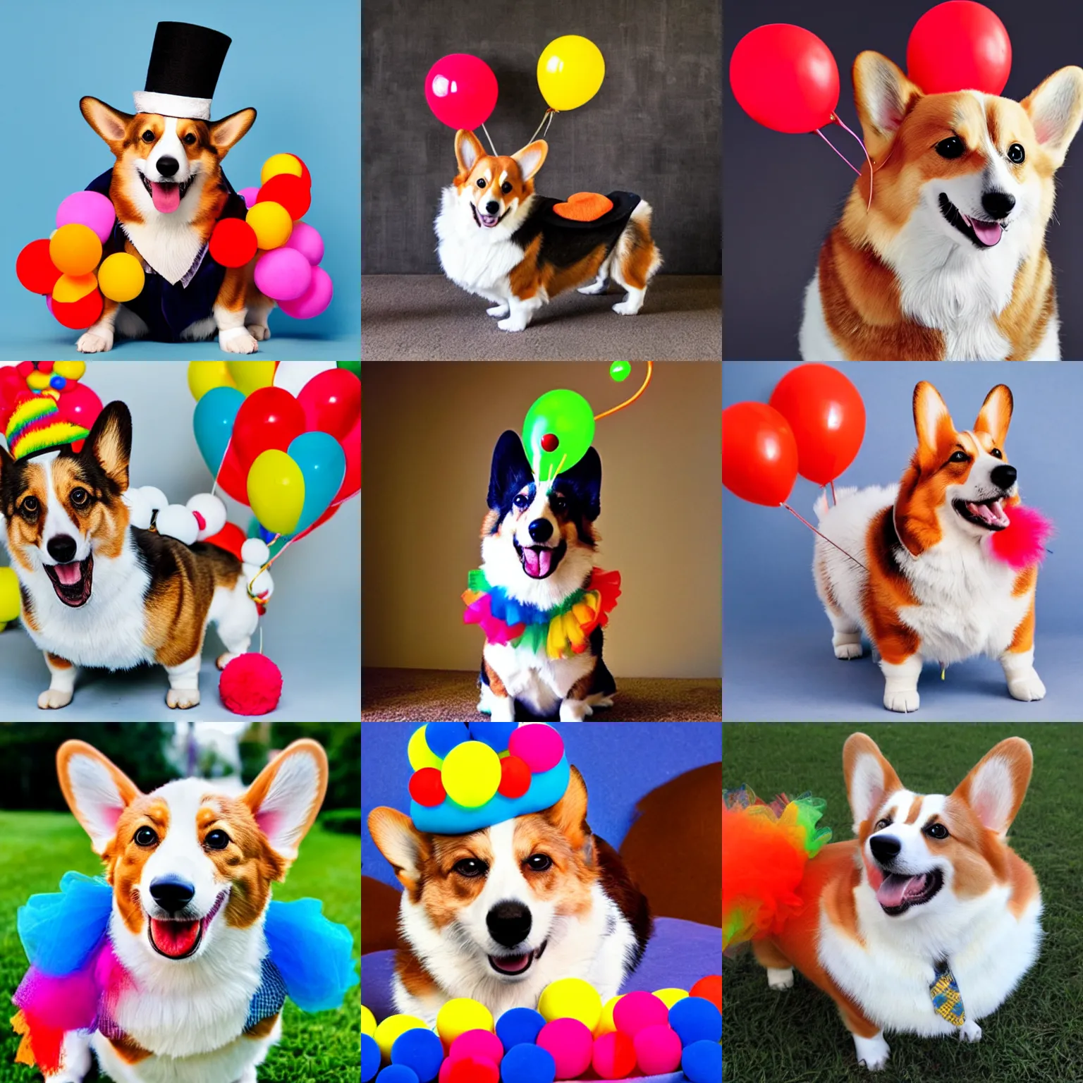 Prompt: corgi wearing clown costume, family photo