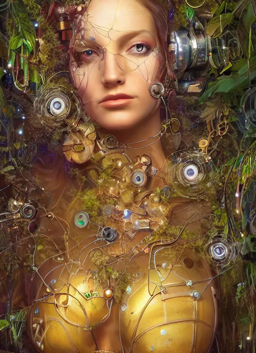 Image similar to oil painting of android woman covered by plants and crystals in the mystical forest, beautiful symmetrical face, renaissance style, wires and cords, golden steampunk, retro futurism, sci - fi, filigree jewellery, baroque, cinematic light, mystical shadows, 8 k