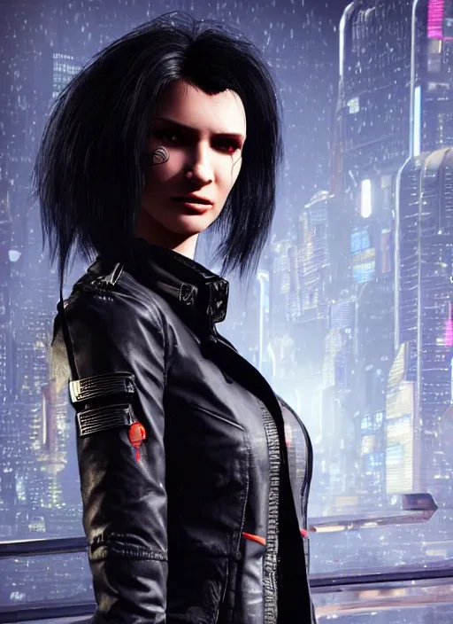 Image similar to black haired woman in a trench coat in a black cyberpunk 2 0 7 7, full body, intricate, highly detailed, face enhance, realistic