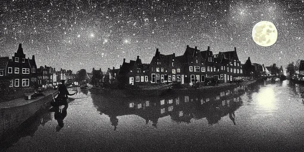 Prompt: Dutch houses along a river, silhouette!!!, Circular white full moon, black sky with stars, lit windows, stars in the sky, b&w!, Reflections on the river, a man is punting, flat!!, Front profile!!!!, high contrast, HDR, street lanterns, 1904, Style of Frank Weston, illustration, soft