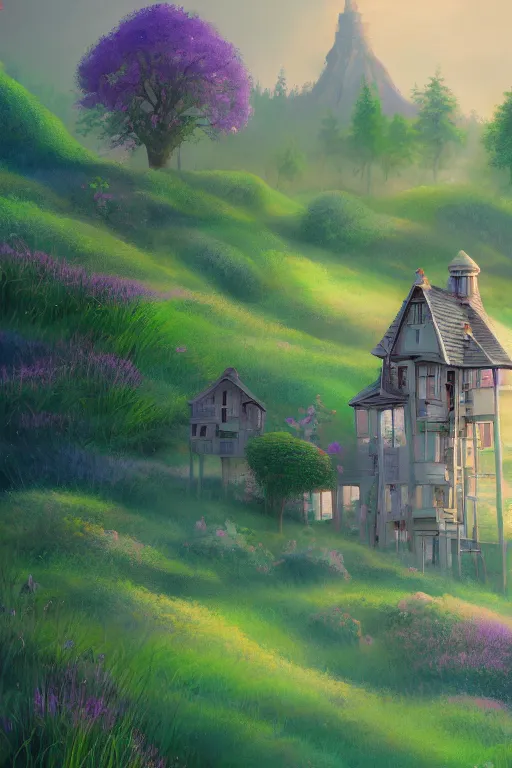 Prompt: beautiful digital matter cinematic painting of whimsical tall house, green hills with lavender bushes, whimsical storybook style by greg rutkowki artstation