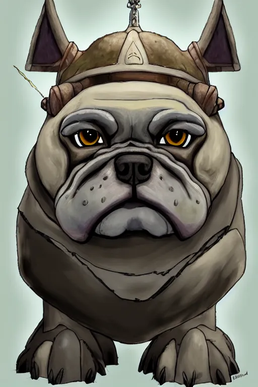 Prompt: a simple and atmospheric cell - shaded fantasy character concept art portrait of a robotic bulldog as a druidic warrior wizard looking at the camera with an intelligent gaze, very muted colors, by studio ghibli