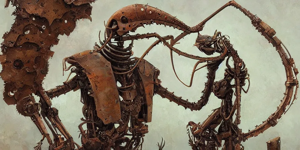 Prompt: a praying mantis wearing full body armor, rusted metal. by greg rutkowski, by Peter Mohrbacher and shaun tan.