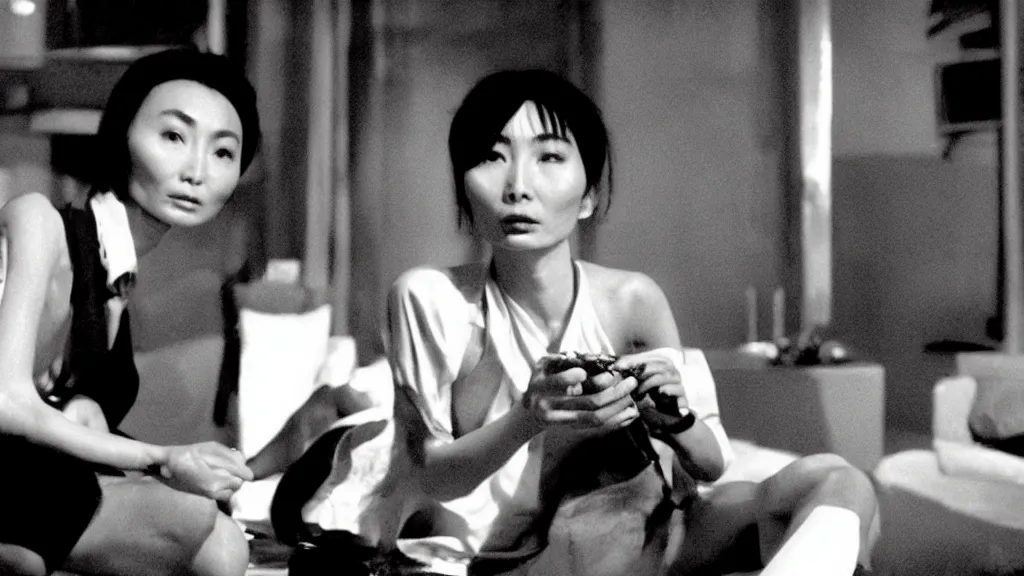 Prompt: Maggie Cheung smokes weed with a demon, 35mm film still, by Jean Luc-Godard