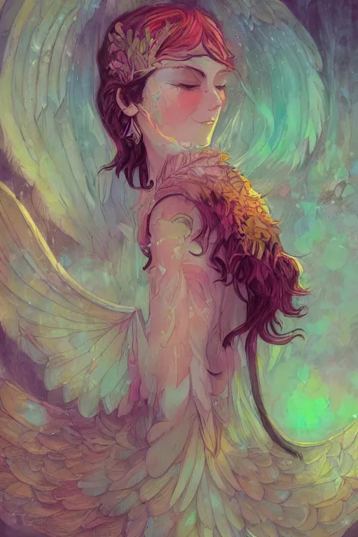 Prompt: wonderdream faeries lady feather wing digital art painting fantasy bloom vibrant style mullins craig and keane glen and apterus sabbas and guay rebecca and demizu posuka illustration character design concept harmony atmospheric lighting butterfly