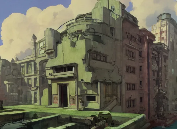 Prompt: a flower on the background of a ruined city, dieselpunk, by Studio Ghibli and Edward Hopper