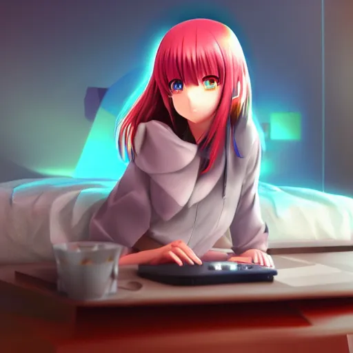 Prompt: advanced 3 d render digital anime art!!, gamer girl in bedroom