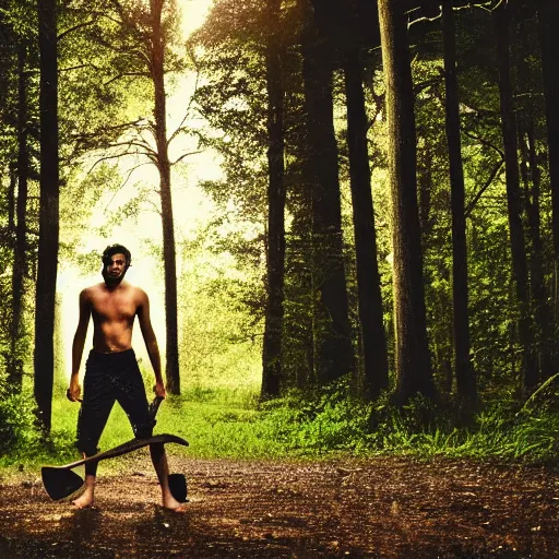 Prompt: a shirtless man, wearing pants, barefoot, in the middle of the woods, waiting behind a tree with an axe in his hand, low light, night, looking at a man far away walking down the road