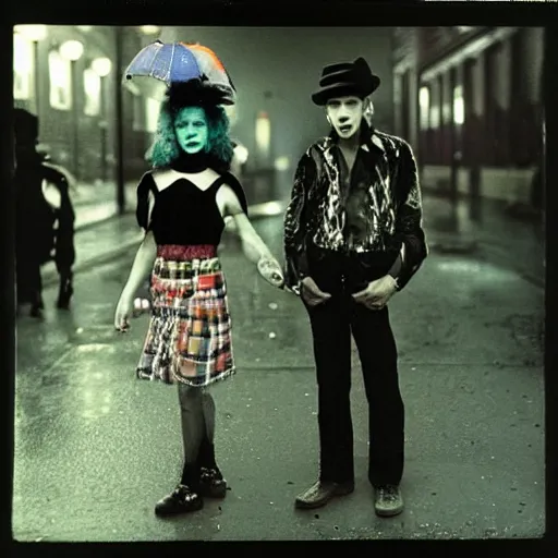 Prompt: night color flash portrait photography of punks on the lower east side by diane arbus, colorful!!, nighttime!, raining!