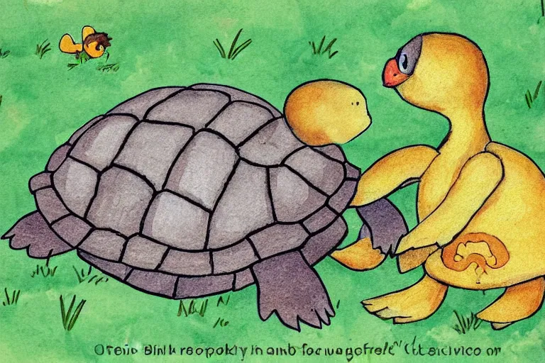 Prompt: turtle and chick, children's book illustration, beautiful