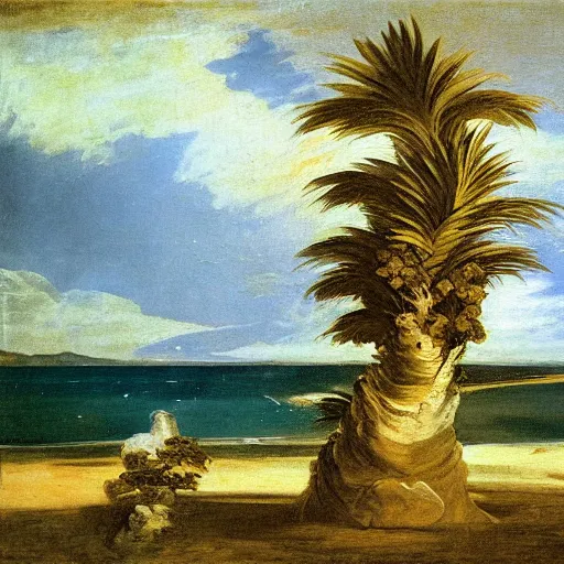 Image similar to a painting francisco goya did when he was obsessed with vaporwave palm trees