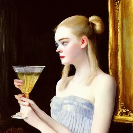 Image similar to elle fanning holding a martini, extremely detailed masterpiece, illustration, by william merritt chase,