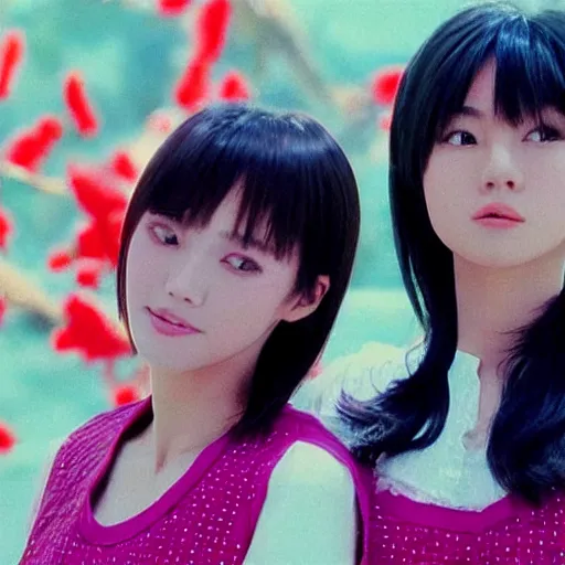 Image similar to 1990s, unbelievably beautiful, perfect, dynamic, epic, cinematic 8K HD movie shot of two semi-close-up japanese beautiful cute young J-Pop idols actresses girls, they express joy and posing together. By a Chinese movie director. Motion, VFX, Inspirational arthouse, high budget, hollywood style, at Behance, at Netflix, with Instagram filters, Photoshop, Adobe Lightroom, Adobe After Effects, taken with polaroid kodak portra