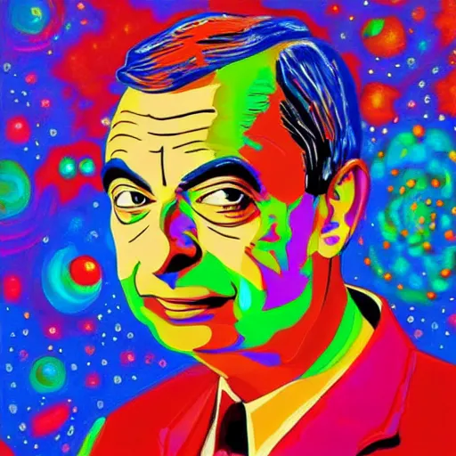 Image similar to psychedelic painting of mr bean floating in space