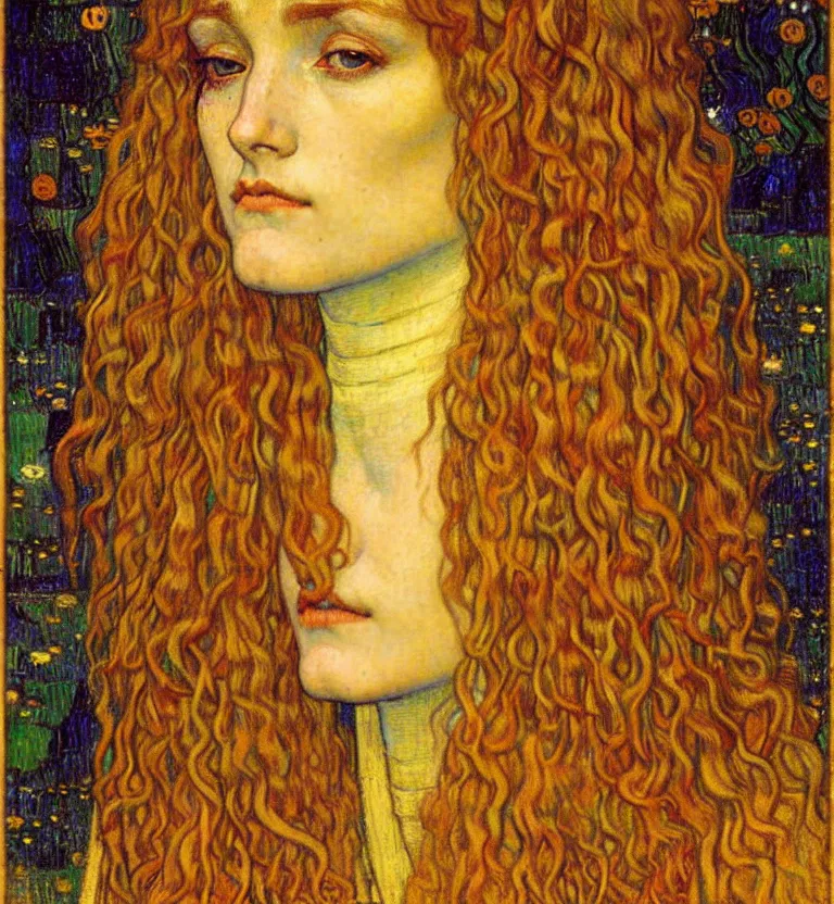 Image similar to detailed realistic beautiful young medieval queen face portrait by jean delville, gustav klimt and vincent van gogh, art nouveau, symbolist, visionary, gothic, pre - raphaelite, muted earthy colors, desaturated