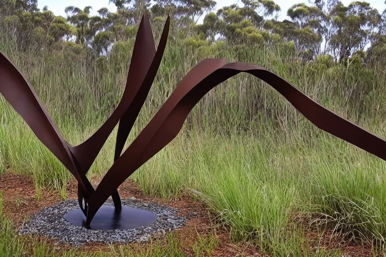 Prompt: “dramatic award-winning corten steel sculpture in an Australian wetlands”