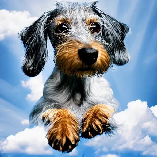 Prompt: an elderly, grey wire-haired dachshund floating in heaven, blue sky, surrounded by beautiful white clouds, with a halo