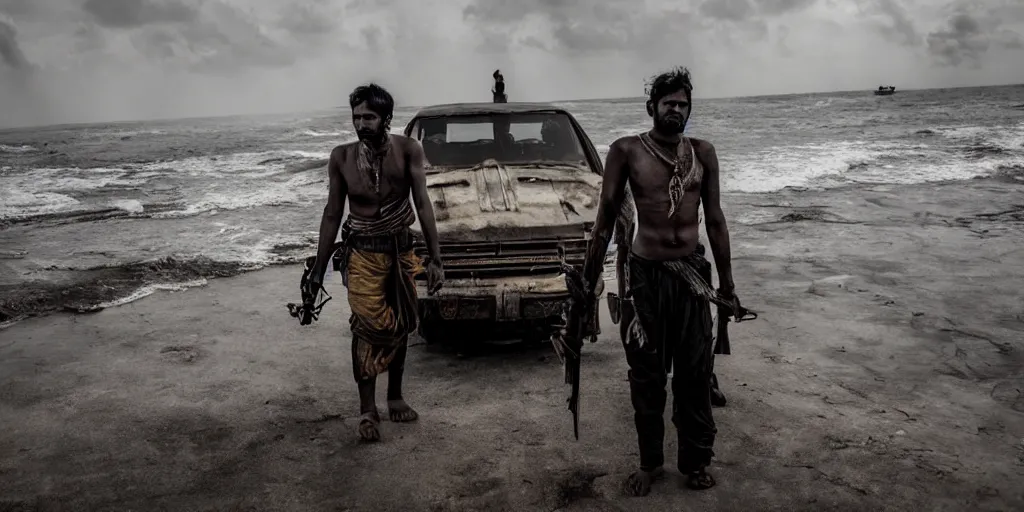 Image similar to sri lankan mad max style on a ship, ocean, film still, epic shot cinematography, rule of thirds