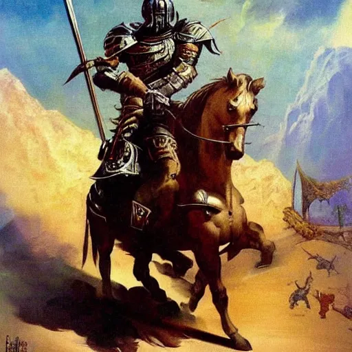 Prompt: fantasy painting by Frank Frazetta portraying a knight in armor,wielding a sword,high quality,beautiful,detailed