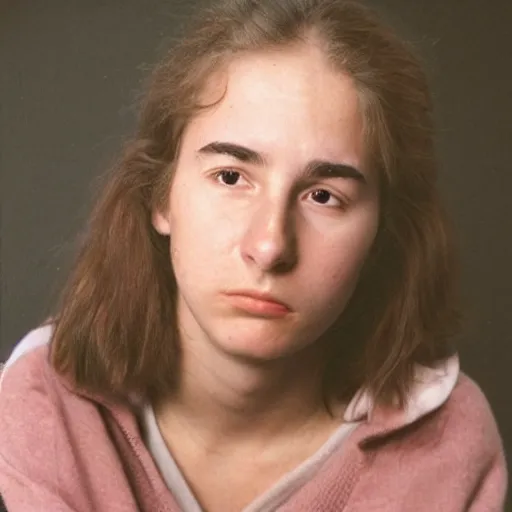 Image similar to a portrait photo of 20 year old female Larry David, with a sad expression, looking forward