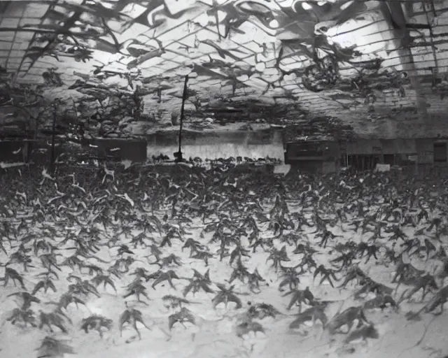 Prompt: camera footage of a Hundreds of Rabid Zerglings in an abandoned shopping mall, high exposure, dark, monochrome, camera, grainy, CCTV, security camera footage, timestamp, zoomed in, fish-eye lens, Evil, Zerg, Brood Spreading, horrifying, lunging at camera :4