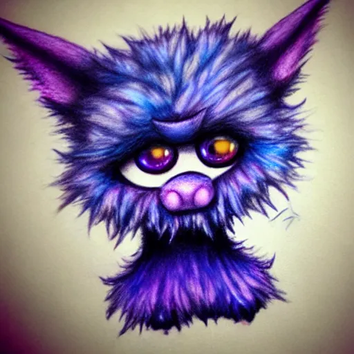 Prompt: A realistic drawing of a blue fuzzy monster with purple horns and one big cute eye