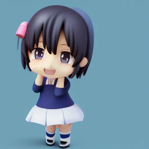 Image similar to character face portrait of a singular kawaii chibi in the sytle of kyoto animation, in simple background, nendoroid eyes, blender, toon rendering, toon shader