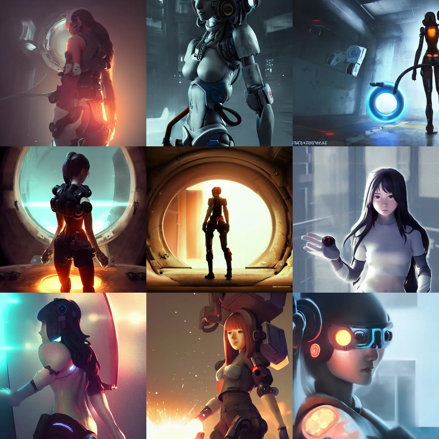 Prompt: portal game > > > valve, anime!!! cyborg photo - realistic + + + woman!!!! 6 6 7 7 running, ( shy smiling face ), rembrandt, octane render, artstation